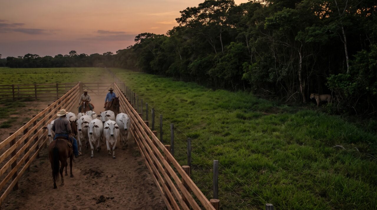 Imagens de câmeras instaladas numa fazenda mostram que a onça suspeita de rondar o gado nunca se aproxima durante o manejo do rebanho, mas atravessa o mesmo terreno horas depois, levando a equipe a passar o rebanho por outro corredor ao entardecer