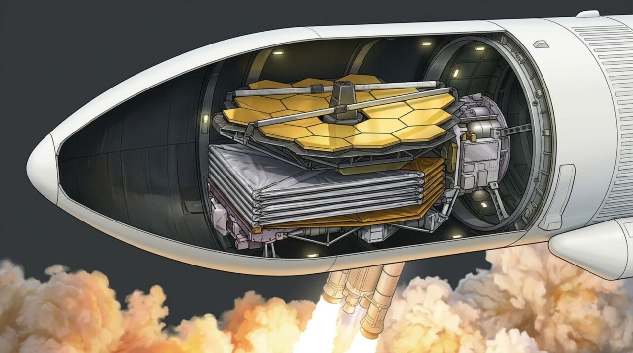 Projeto de engenharia permitiu que o observatório viajasse completamente compactado dentro da carenagem do foguete