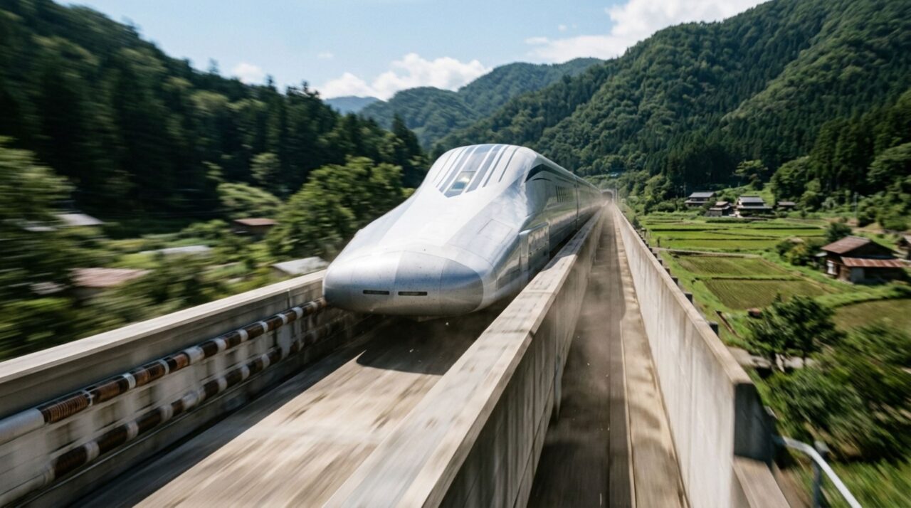 Durante um teste no Japão, este trem ultrapassou 600 km/h sem depender do contato tradicional entre rodas e trilhos, permanecendo suspenso por forças magnéticas durante a viagem