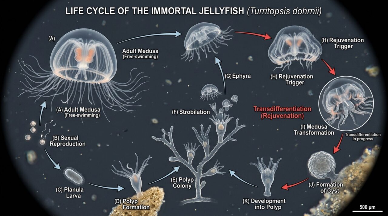 Ilustração didática da transição de medusa para a fase de pólipos de Turritopsis dohrnii