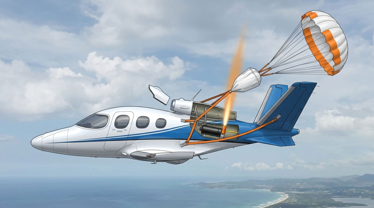 No Cirrus Vision Jet, o CAPS utiliza um sistema de extração rápida para abrir o paraquedas e reduzir a velocidade de descida da aeronave