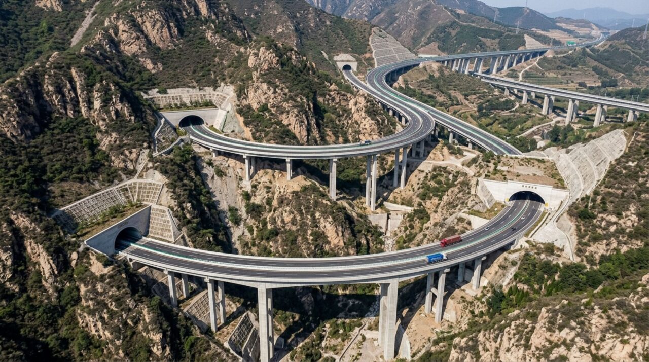 Erguida em uma encosta quase vertical, esta estrada utiliza uma sequência de viadutos e túneis em diferentes níveis para vencer centenas de metros de desnível em poucos quilômetros
