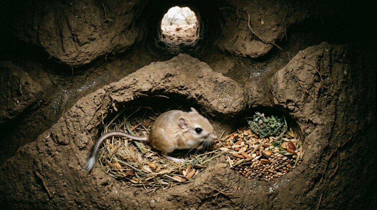 As tocas subterrâneas do rato-canguru (Dipodomys) ajudam a limitar a evaporação e complementam a eficiência dos rins e da água obtida pelo metabolismo