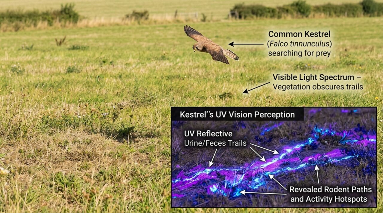 Ilustração didática do contraste de trilhas de roedores sob percepção de luz ultravioleta