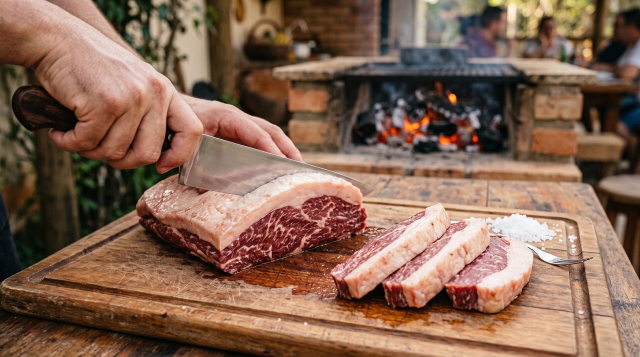 Picanha com capa de gordura bonita ainda pode dar errado se os bifes forem cortados todos da mesma espessura sem pensar no fogo que será usado