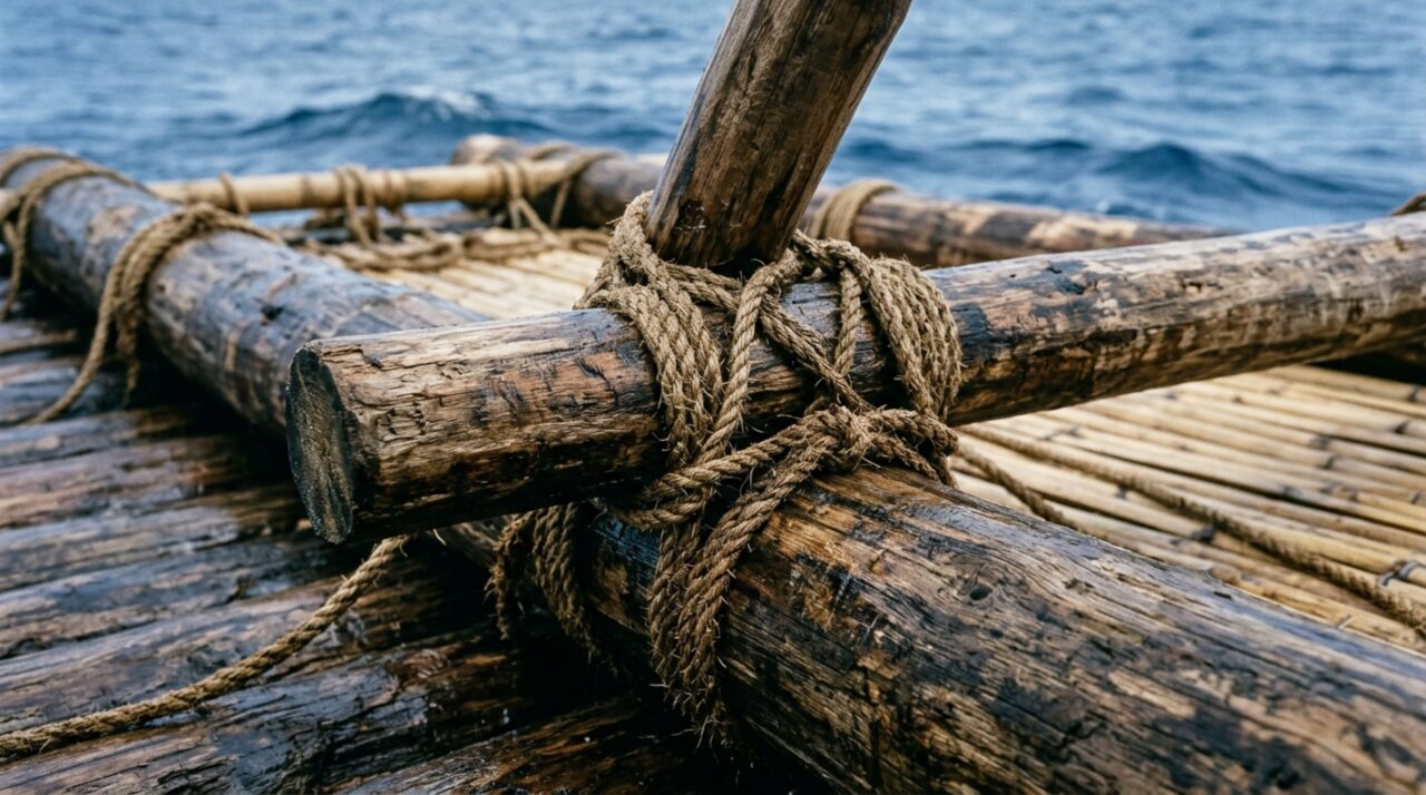 Detalhe dos troncos de madeira balsa e das amarras de fibra da estrutura da Kon-Tiki