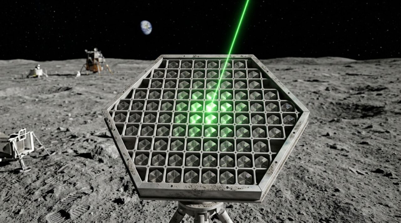 Os 100 prismas do refletor lunar Apollo 11 devolvem parte do laser à direção de origem e permitem medir com precisão a distância entre a Terra e a Lua