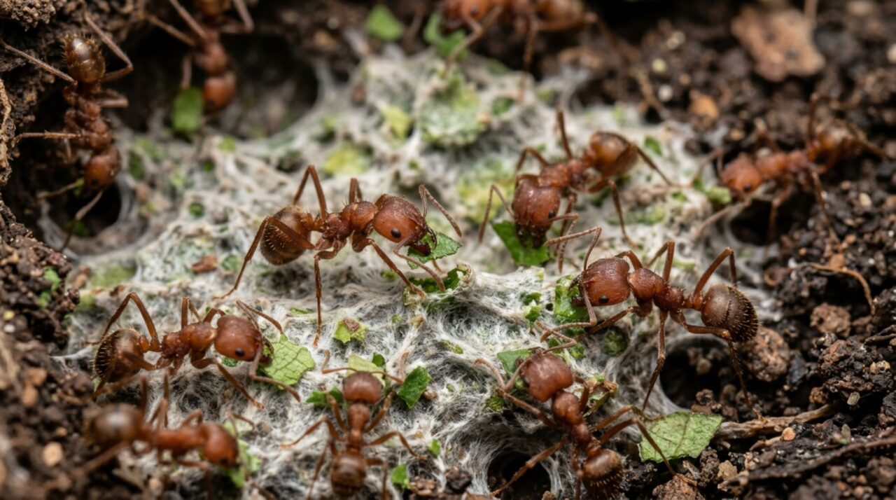 Formigas-cortadeiras usam material vegetal como substrato para cultivar Leucoagaricus gongylophorus, o fungo que sustenta grande parte da alimentação da colônia