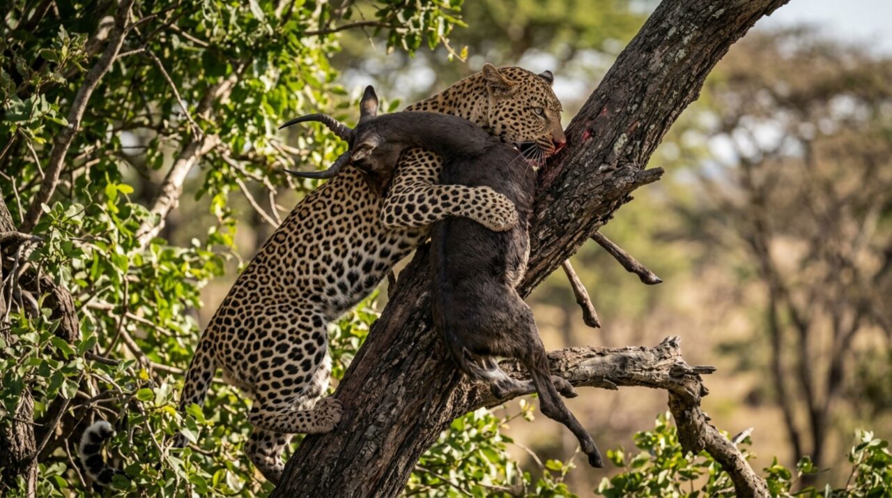 Ao armazenar a presa no alto, o leopardo reduz principalmente o risco de perder a carcaça para hienas e consegue retornar ao alimento por mais tempo