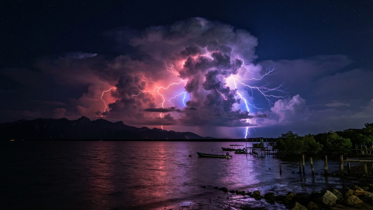 À noite, tempestades se formam sobre o Lago Maracaibo em média 297 vezes por ano, mas a explicação não está apenas na água porque as montanhas ao redor ajudam a concentrar o ar úmido sobre o mesmo ponto