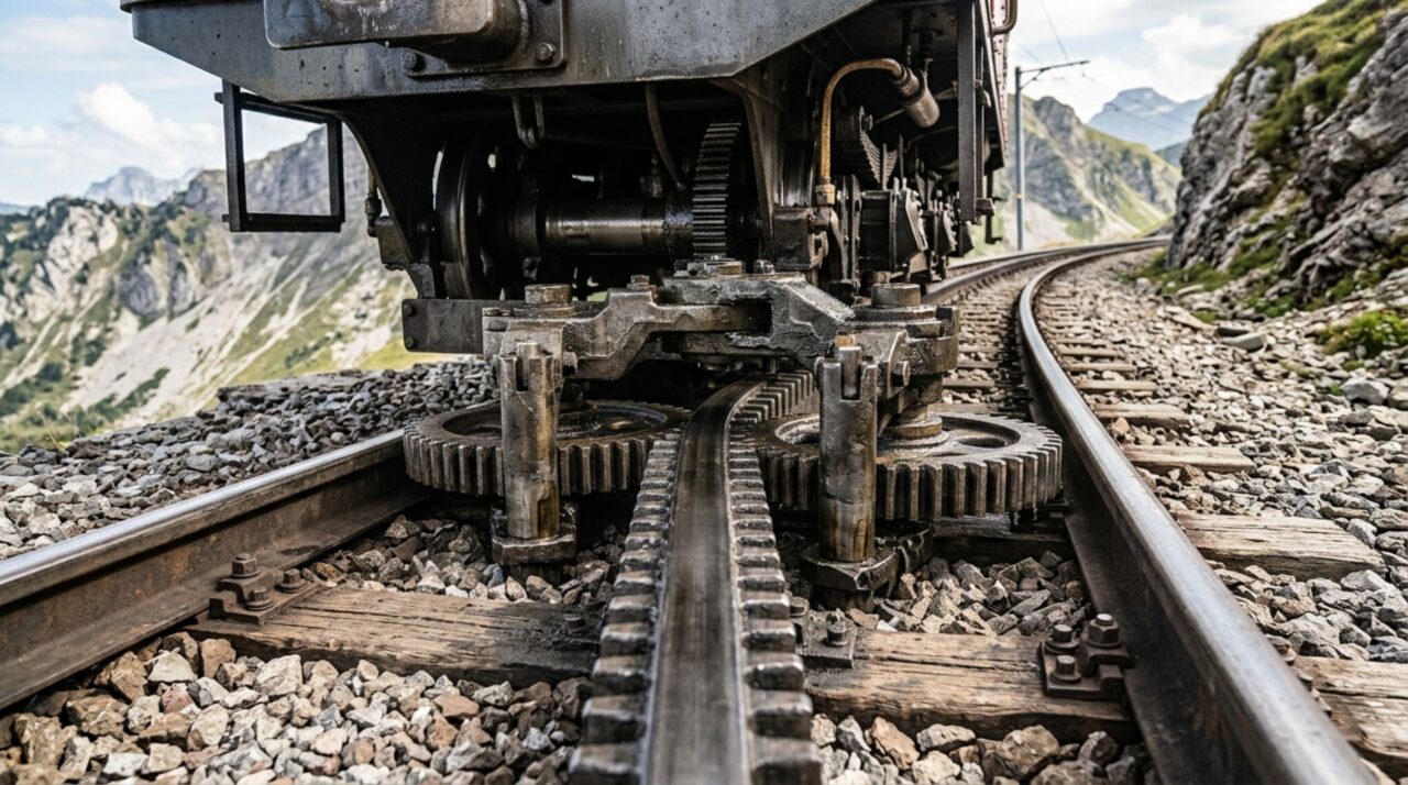 O mecanismo com rodas dentadas horizontais que impede o trem de escorregar na montanha