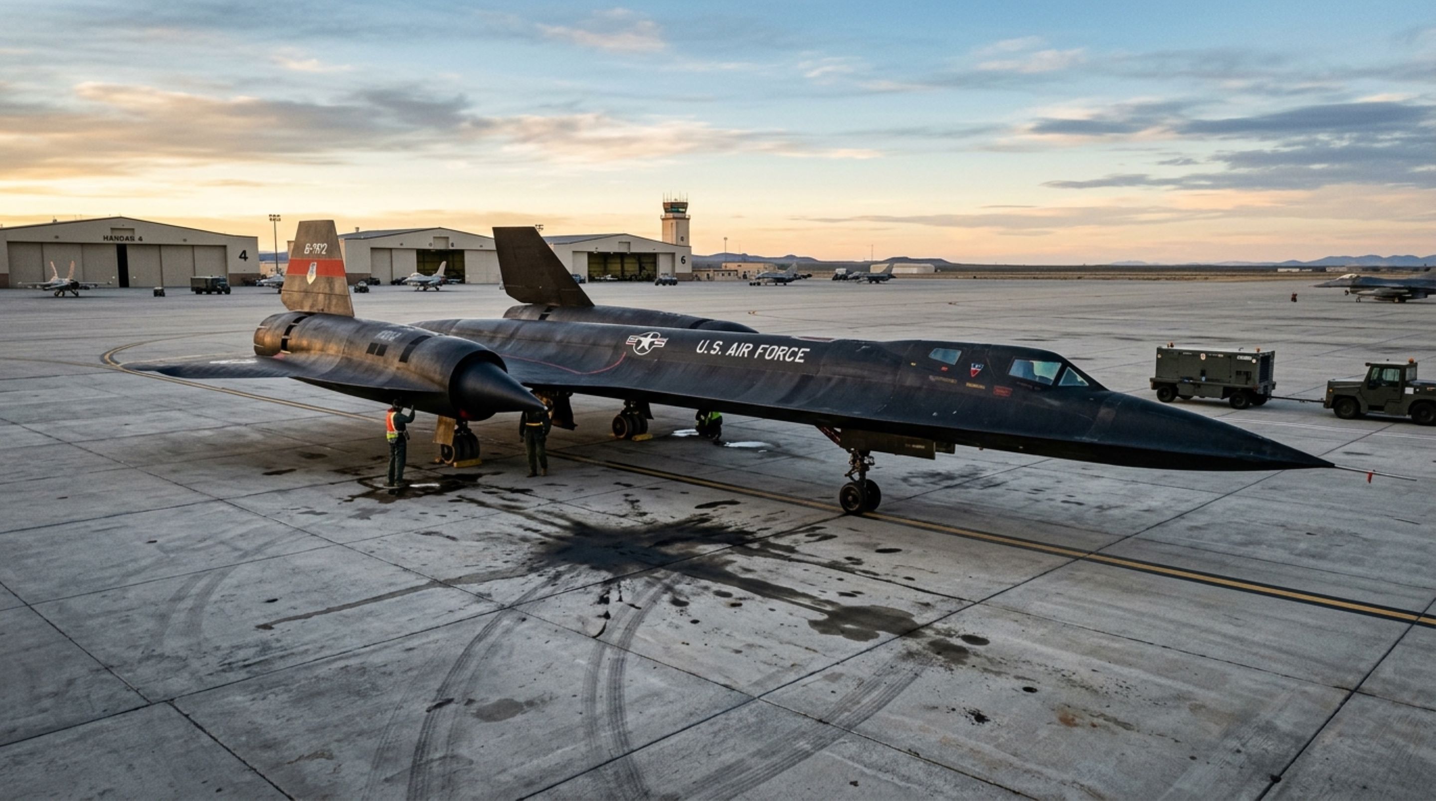 Visão da fuselagem de titânio do Lockheed SR-71 Blackbird no pátio antes da decolagem