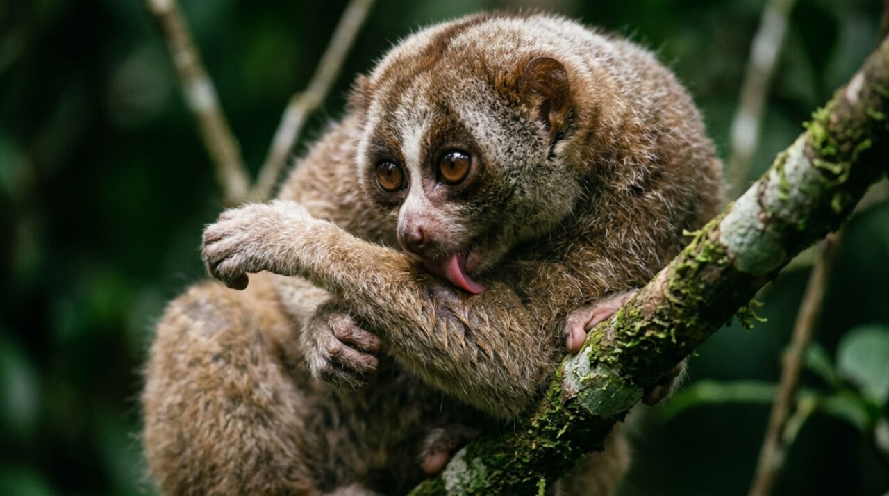 A imagem destaca a etapa central do veneno do lóris-lento, quando o animal leva a secreção da glândula braquial até a boca antes que ela possa ser introduzida pelo ferimento da mordida