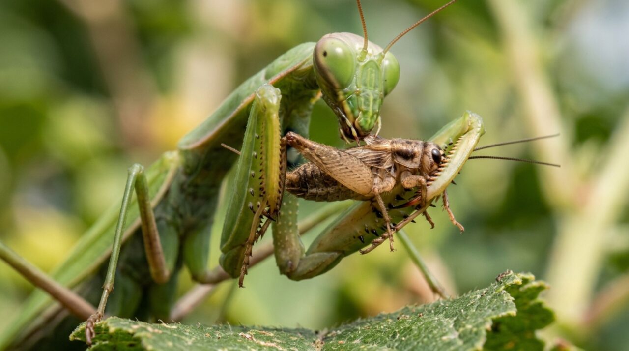 No instante do ataque, as patas raptoriais do louva-a-deus avançam e se fecham como uma pinça, enquanto os espinhos ajudam a impedir que a presa escape