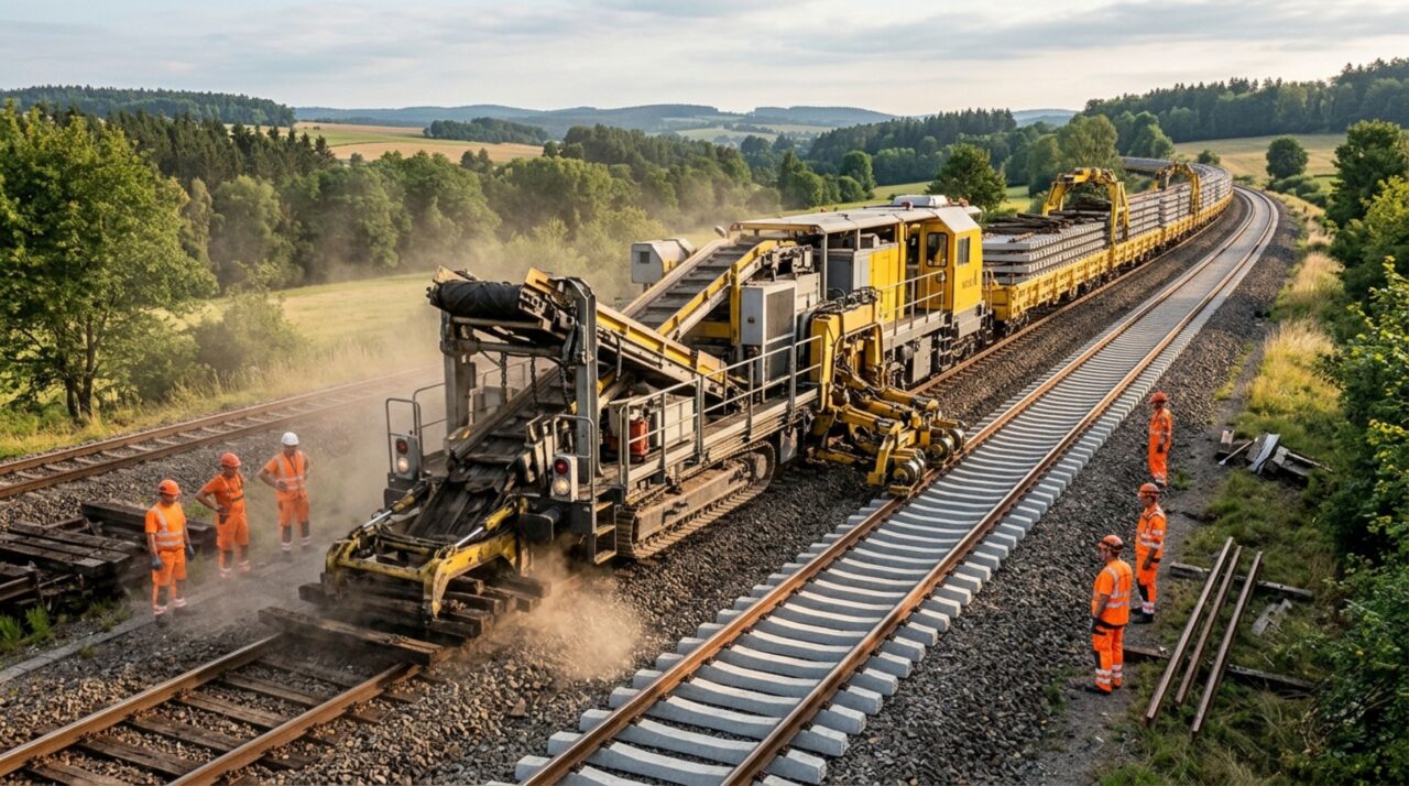 O trem-fábrica gigantesco que arranca trilhos antigos e deixa uma ferrovia praticamente nova enquanto avança