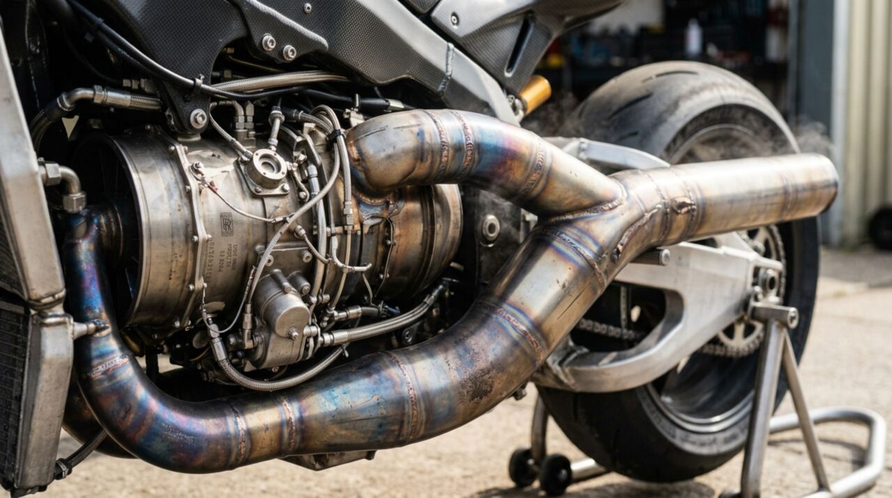 Detalhe da saída de escape e da turbina a gás Rolls-Royce M250-C20B na superbike MTT 420RR