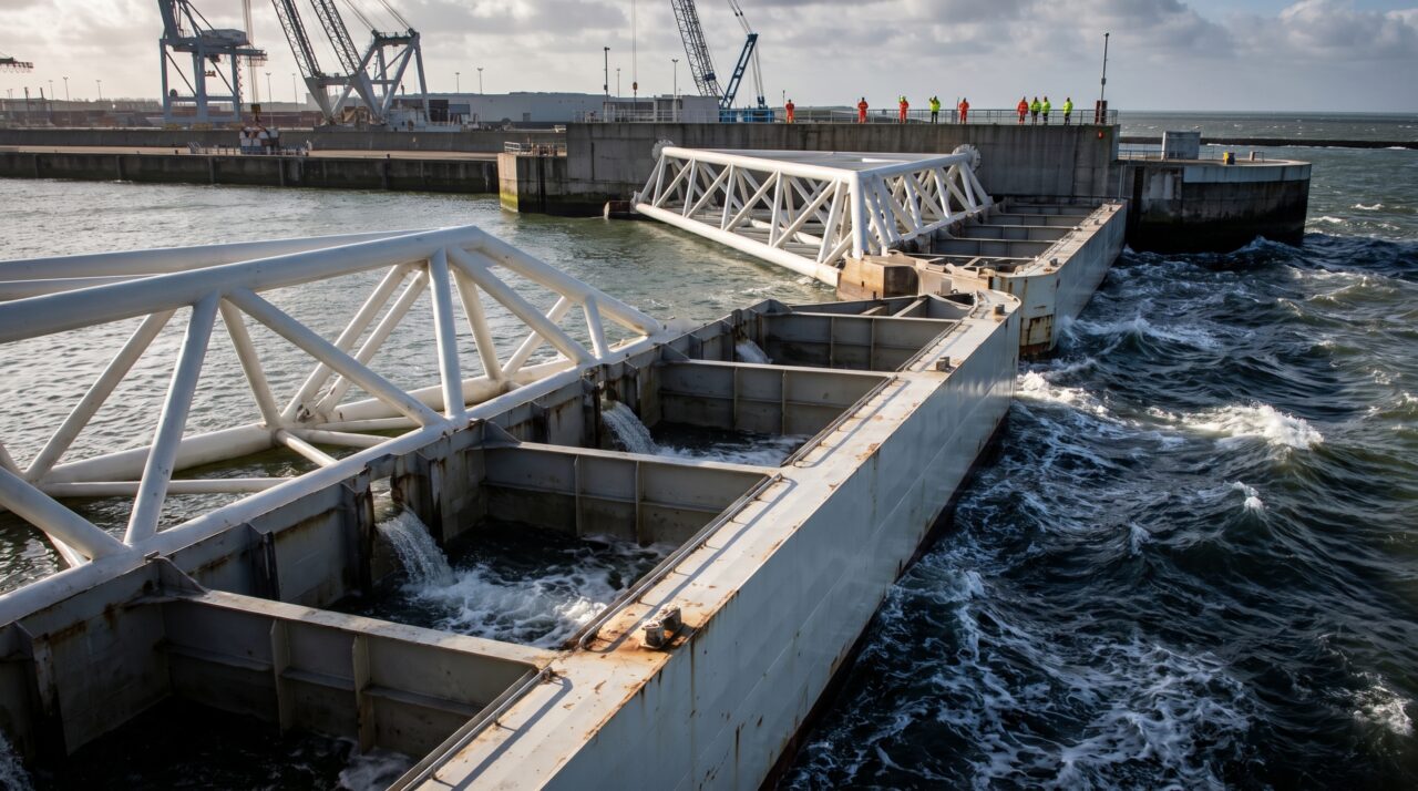 Duas portas de 210 metros ficam abertas para navios durante quase todo o tempo, mas conseguem fechar sozinhas quando o mar ameaça avançar sobre Rotterdam