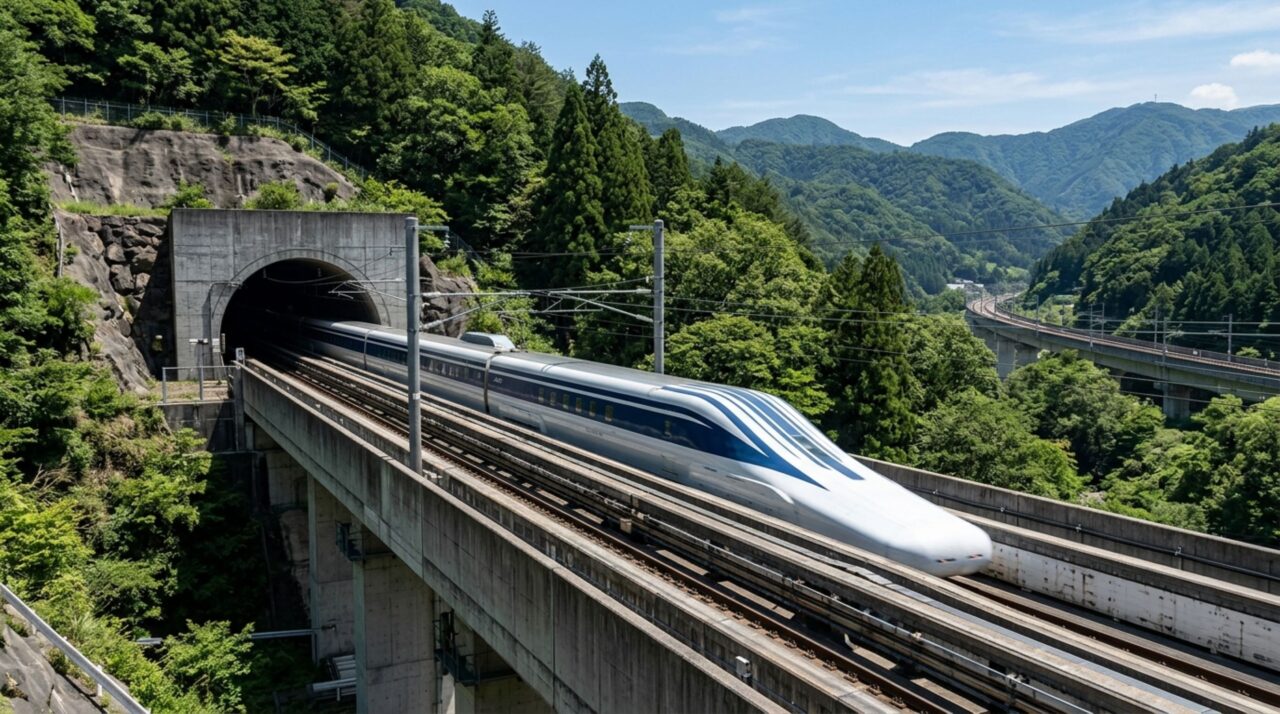 O trem japonês que flutua sobre os trilhos e promete cortar uma viagem de 86 para 40 minutos sob montanhas e cidades
