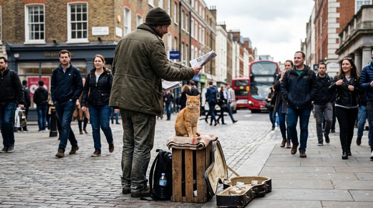 James Bowen começou a reconstruir sua rotina ao lado de Bob enquanto tocava música e vendia revistas nas ruas de Londres