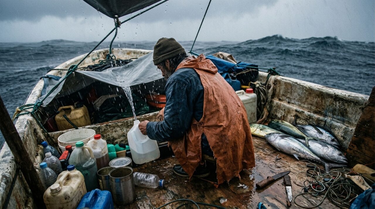 A imagem destaca uma das estratégias centrais de sobrevivência de José Salvador Alvarenga, aproveitando a água da chuva e os recursos disponíveis no oceano durante a longa deriva
