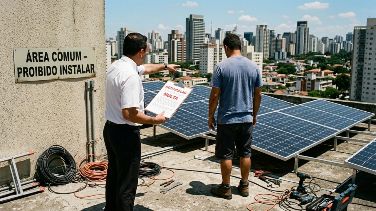 Morador instala placas solares para reduzir conta de luz e condomínio exige a retirada porque parte do sistema ocupa o telhado coletivo