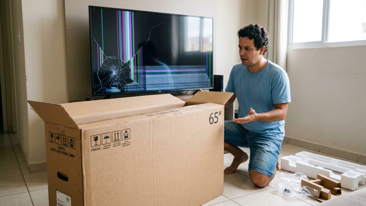Cliente compra televisão de R$ 7.500 pela internet, caixa chega intacta mas tela aparece quebrada somente depois que produto é ligado