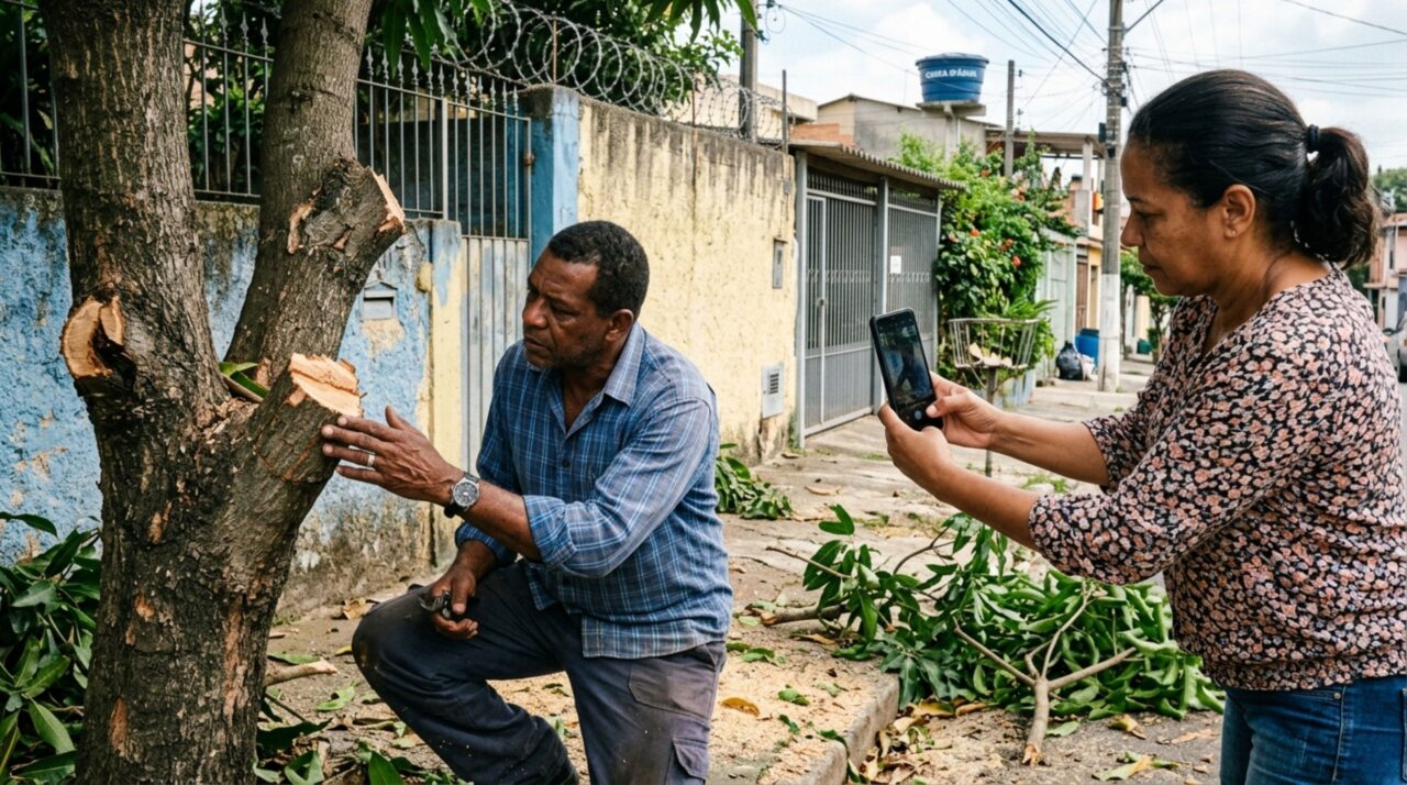 Casal volta de viagem e descobre que vizinho cortou todos os galhos da árvore que avançavam para seu terreno, moradores discutem até onde ele poderia podar e caso vai parar na justiça