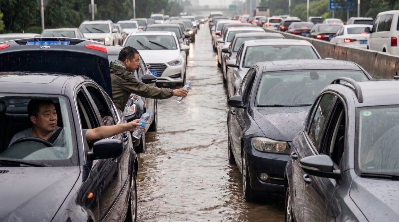 Durante um congestionamento causado por uma enchente, motorista abre o porta-malas para distribuir garrafas de água e vê outros carros começarem a fazer o mesmo até formar uma pequena fila improvisada no acostamento