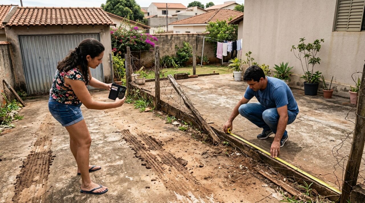Família volta de viagem e descobre que vizinho retirou cerca divisória para facilitar entrada de carros, proprietários exigem que fechamento seja recolocado