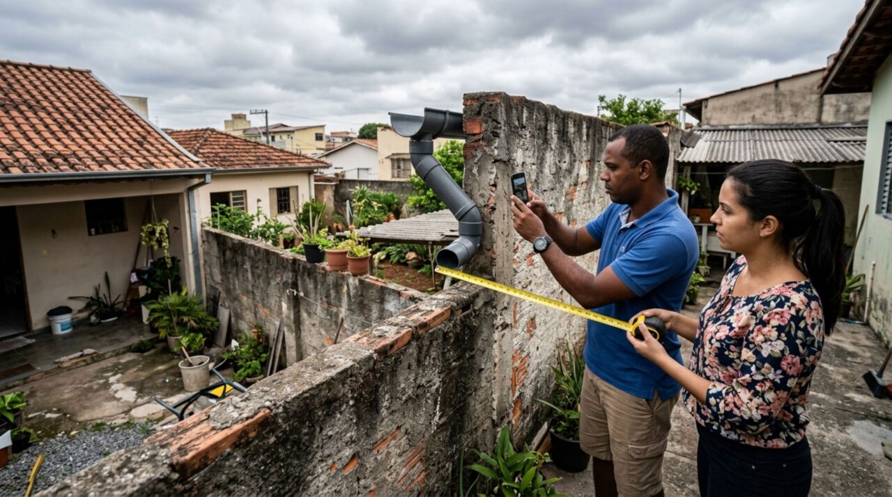 Casal retorna para casa e percebe que vizinho instalou calha despejando água em seu quintal, ele exige mudança antes da próxima chuva