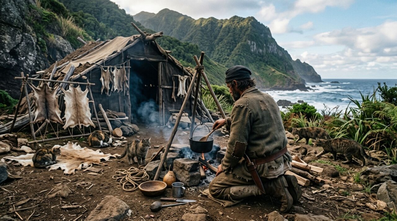 A rotina de Alexander Selkirk envolvia caçar cabras, manter fogo, improvisar roupas e abrigos e adaptar-se diariamente ao isolamento completo na ilha
