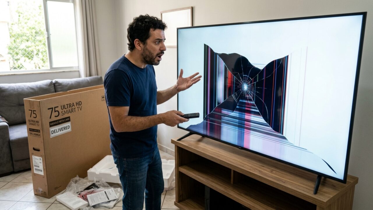 Cliente compra televisão de R$ 7.500 pela internet, caixa chega intacta mas tela aparece quebrada somente depois que produto é ligado