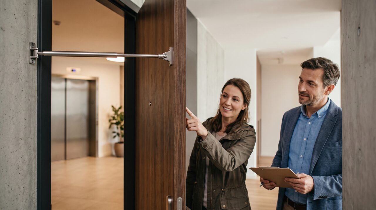 Moradora troca a porta do apartamento por um modelo que abre para fora e vizinho percebe que, quando ela está aberta, metade do corredor e o acesso ao elevador ficam bloqueados
