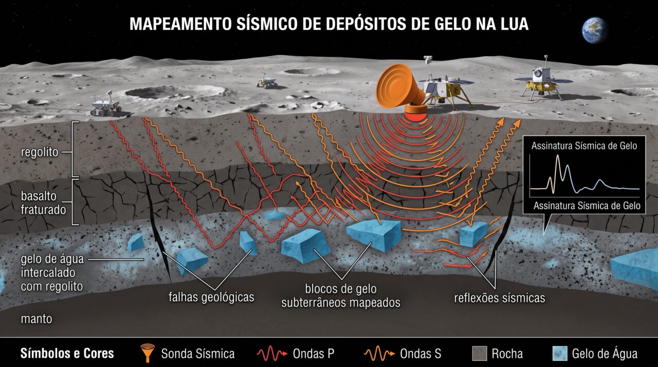 Mapeamento de gelo na Lua usando dados de tremores lunares até 800 metros de profundidade.