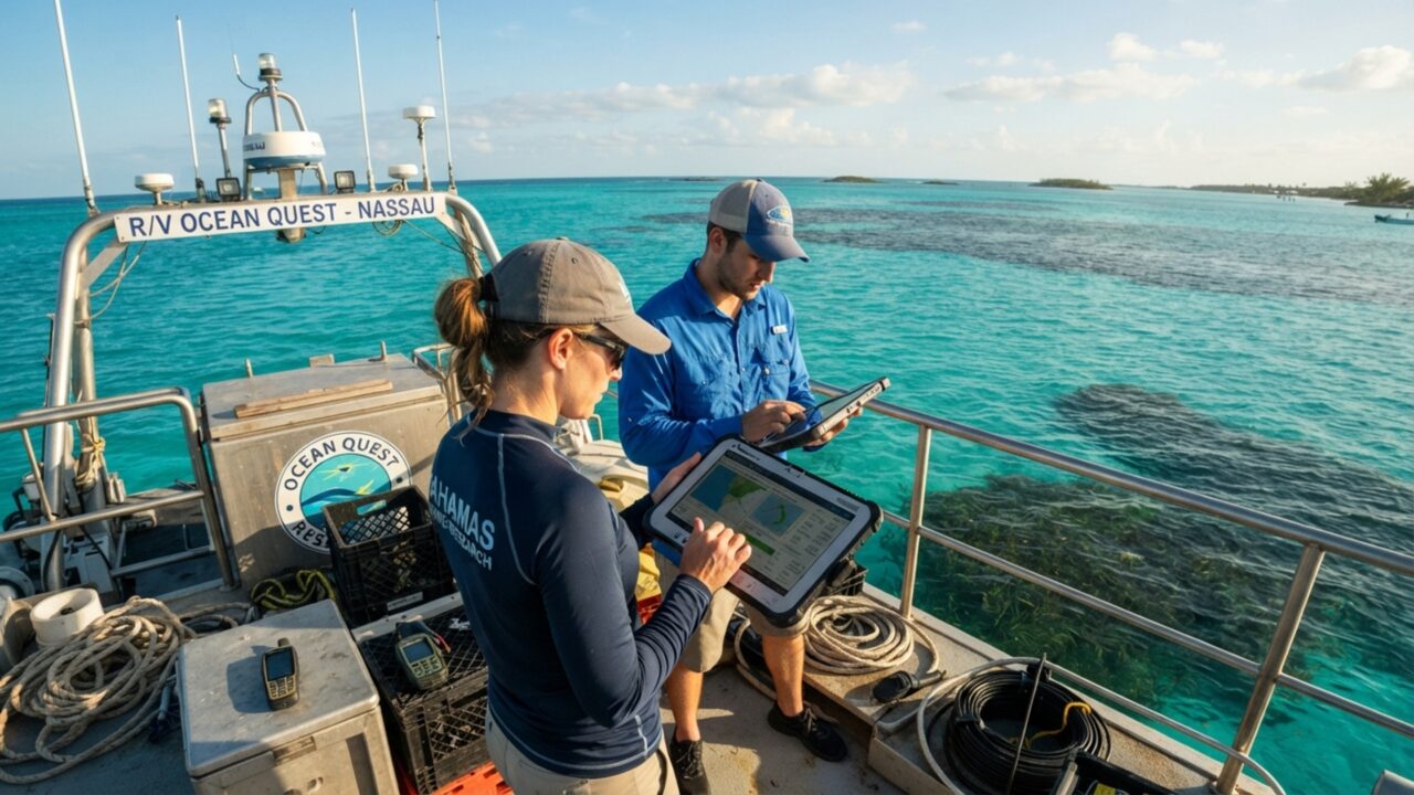 Prenderam câmeras em 7 tubarões-tigre nas Bahamas e eles filmaram 20,6 km do fundo, ajudando a validar 66.990 a 92.524 km² de ervas marinhas porque alcançavam áreas pouco acessíveis a mergulhadores