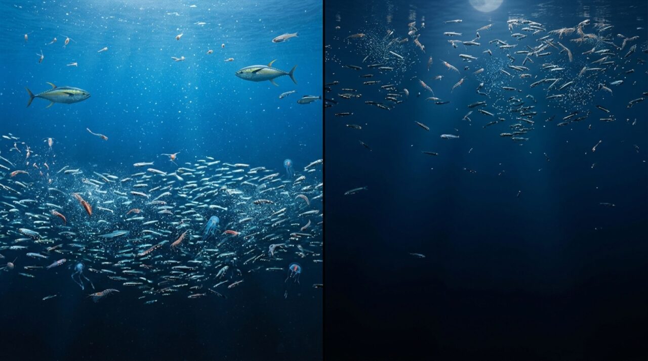 O deep scattering layer muda de profundidade diariamente porque muitos organismos sobem à noite para se alimentar e retornam às águas profundas antes do amanhecer
