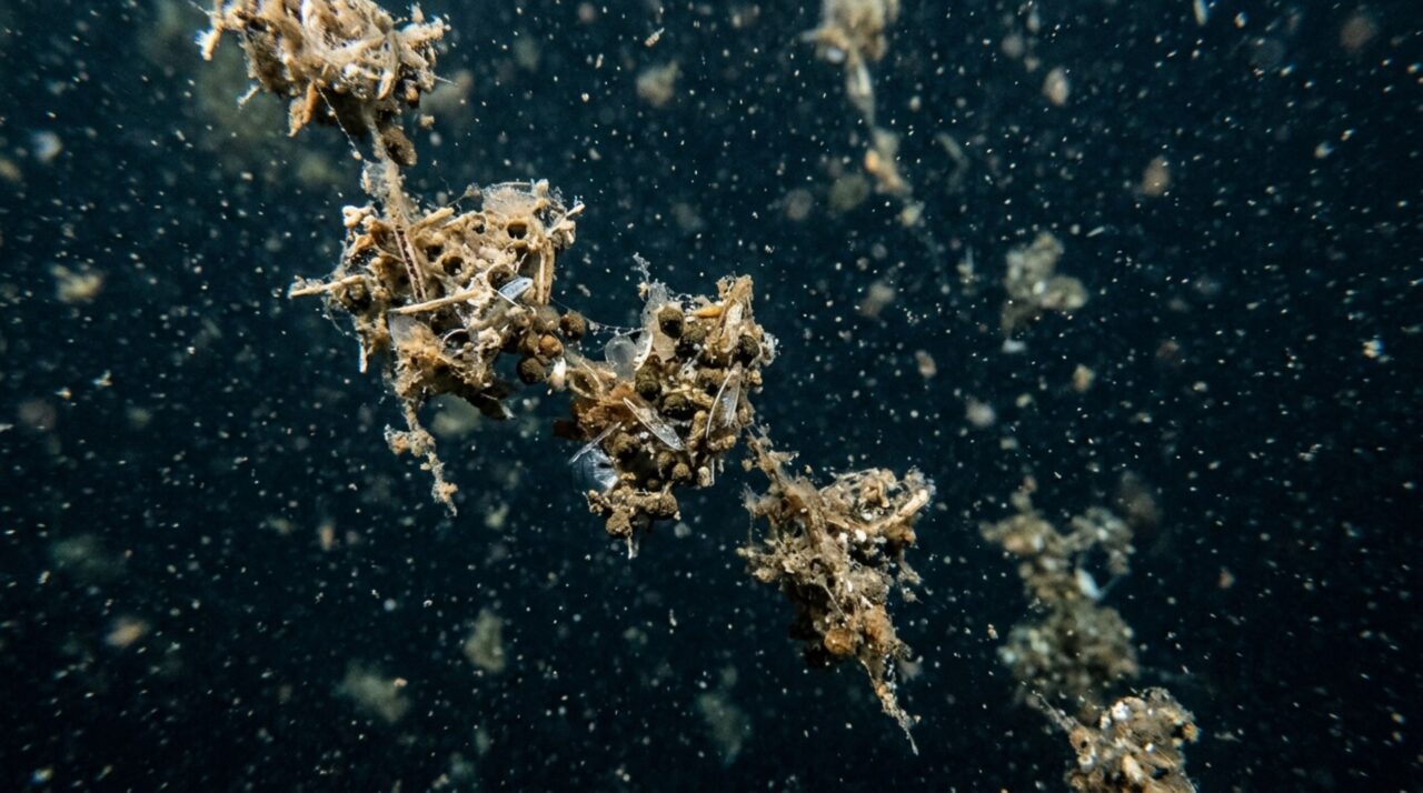 Os flocos da neve marinha são agregados de diferentes partículas que se unem durante a descida e podem transportar alimento e carbono até grandes profundidades