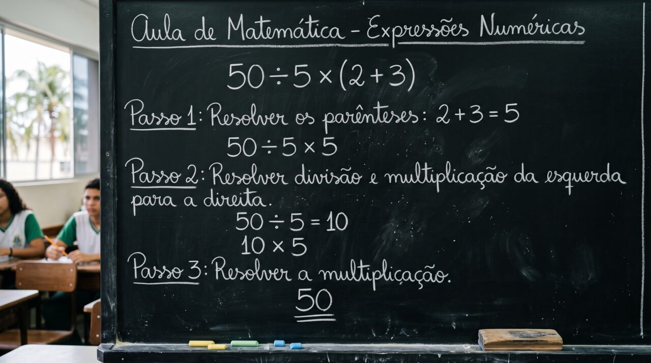 A resolução correta do desafio matemático 50 ÷ 5 × (2 + 3) que viralizou na internet.