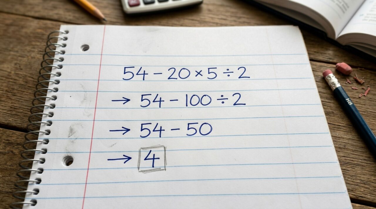 Você ainda lembra como calcular 54 - 20 x 5 ÷ 2 corretamente?