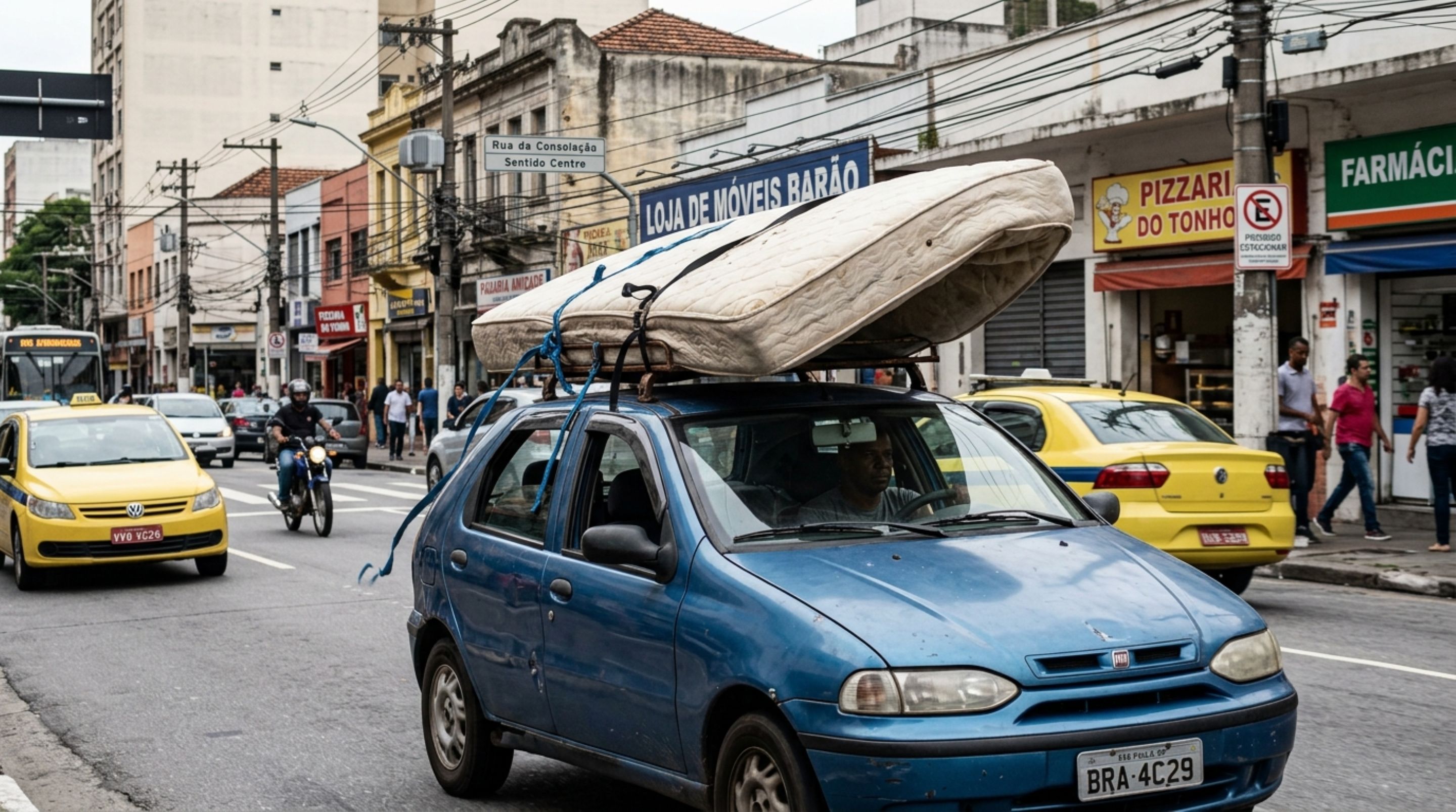 Motorista precisava levar um colchão para a casa nova, ao perceber que ele não caberia dentro do carro decide amarrá-lo no teto, durante o trajeto a carga começa a se deslocar e fiscalização explica quando o transporte externo pode gerar autuação - QTU Questões do Universo