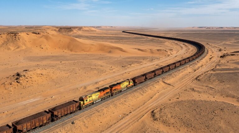 O trem de minério da Mauritânia atravessa centenas de quilômetros do Saara em composições que podem chegar a cerca de 2,5 quilômetros de comprimento