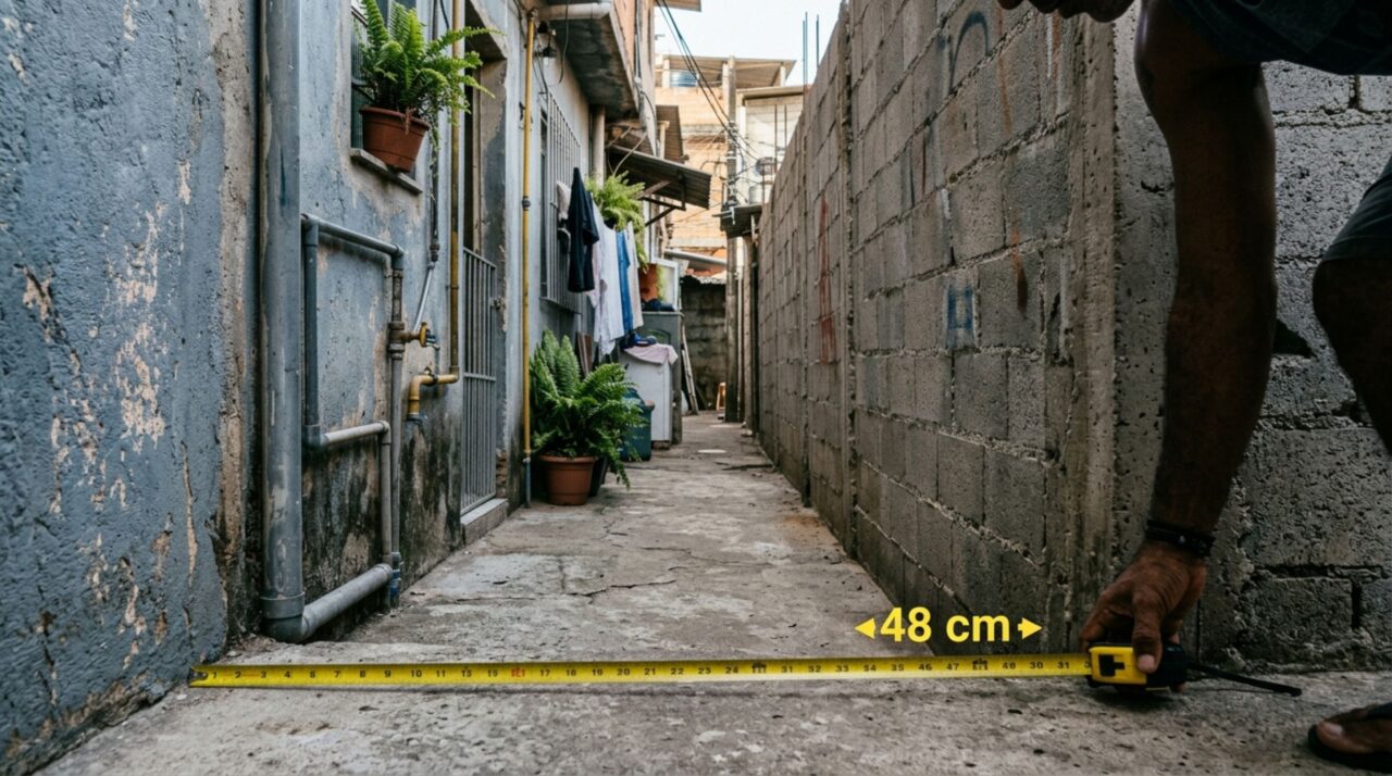Casal compra casa com corredor lateral externo estreito e depois descobre que parte dele está ocupada pela construção vizinha, vendedor e vizinho discordam sobre a divisa