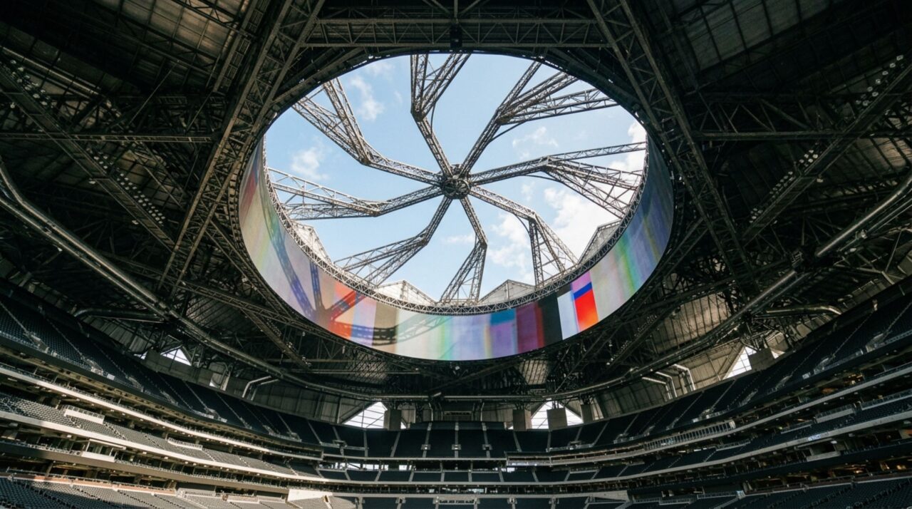 O estádio de R$ 5 bilhões equipado com um teto retrátil de 3,5 mil toneladas que abre e fecha como uma lente de câmera fotográfica