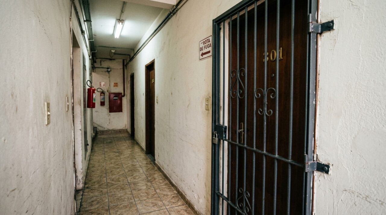 Morador instala grade do lado de fora da porta para diminuir risco de invasões, vizinho diz que a estrutura estreitou o corredor e síndico manda remover por atrapalhar passagem de moradores