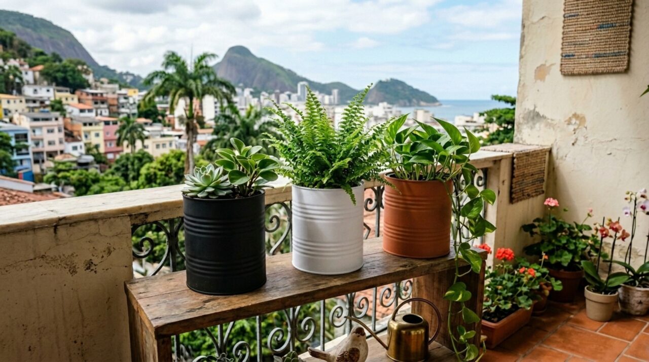 Como eu transformei latas de leite em pó em cachepôs modernos para decorar a varanda com uma aparência de loja de design