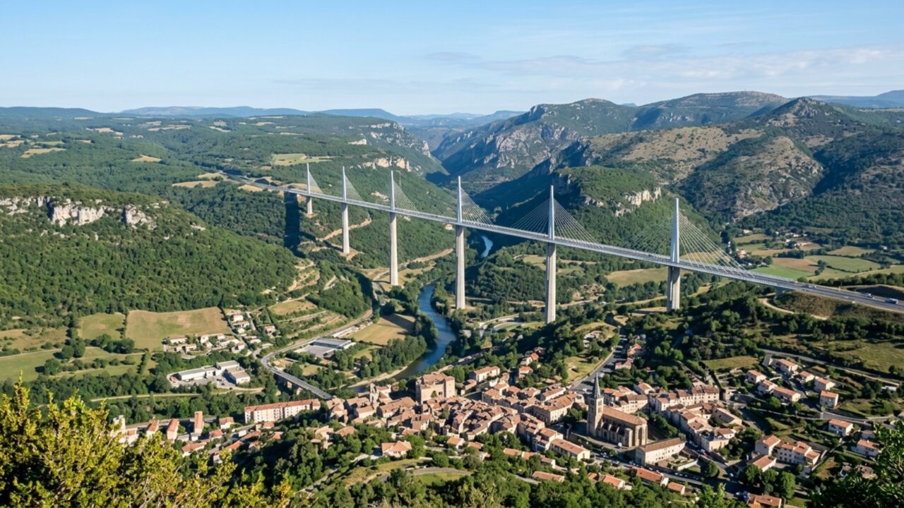 Projetado por Norman Foster e Michel Virlogeux depois de 13 anos de estudos, o viaduto de 2.460 metros atravessa um vale a 270 metros do chão e possui uma estrutura que alcança 343 metros de altura