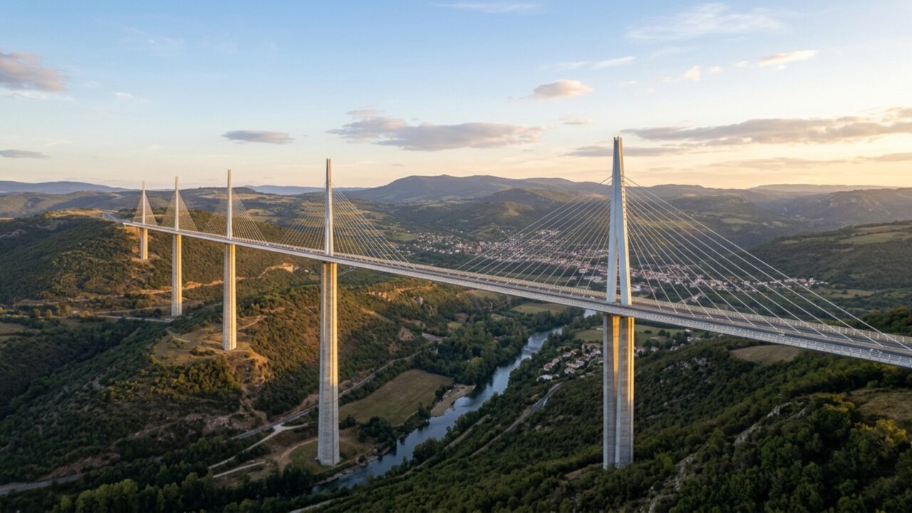 Projetado por Norman Foster e Michel Virlogeux depois de 13 anos de estudos, o viaduto de 2.460 metros atravessa um vale a 270 metros do chão e possui uma estrutura que alcança 343 metros de altura