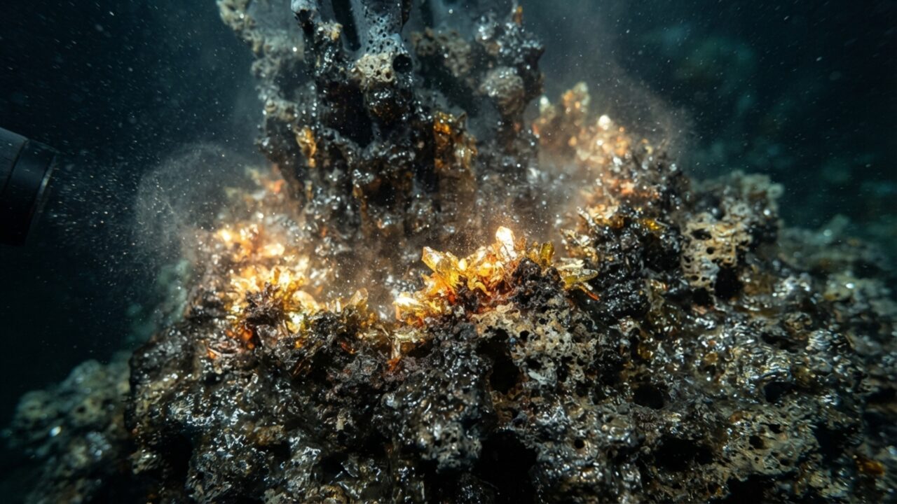 No fundo do mar, minerais saem da água e constroem chaminés que podem ultrapassar 50 metros, enquanto o interior continua expelindo fluidos superaquecidos