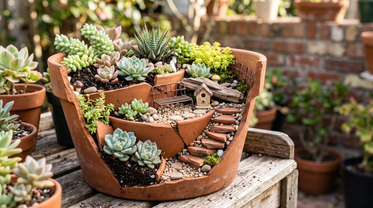 Como fazer um minijardim de suculentas usando vaso de barro quebrado