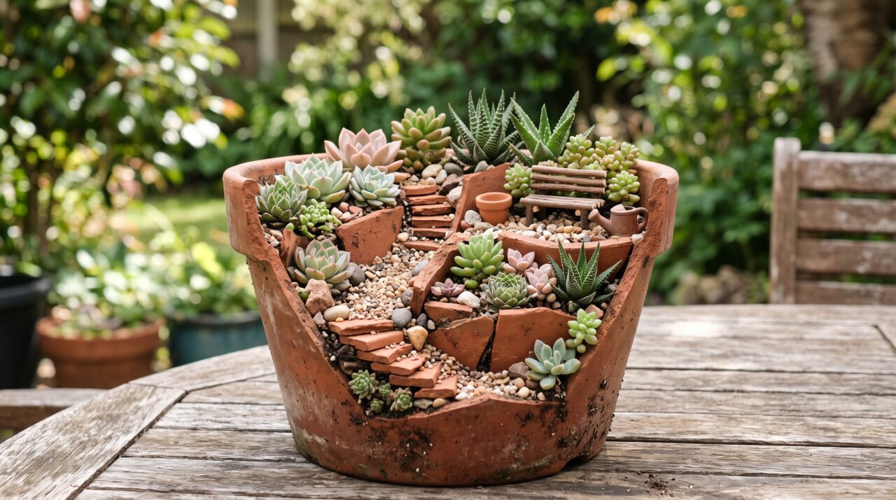 Como eu transformei pedaços de vasos de barro quebrados em um minijardim de suculentas com cara de loja chique